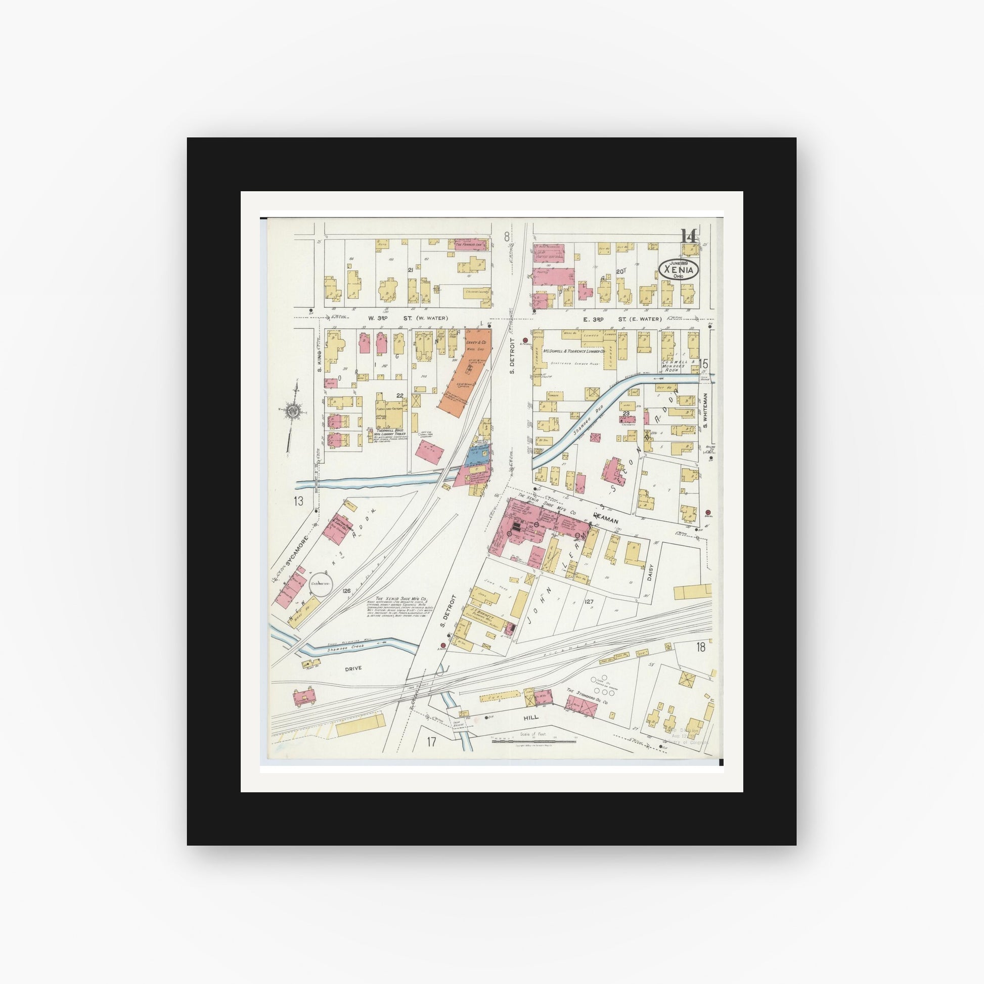 Old map wall art mockup — black gallery frame with white mat — Sanborn Fire Insurance Map from Xenia, Greene County, Ohio (1919), Sheet #0014
