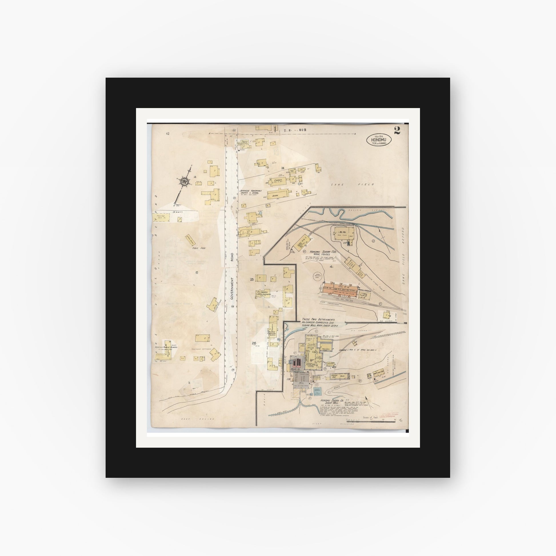 Old map wall art mockup — black gallery frame with white mat — Sanborn Fire Insurance Map from Honomu, Hawaii County, Hawaii (1956), Sheet #0002