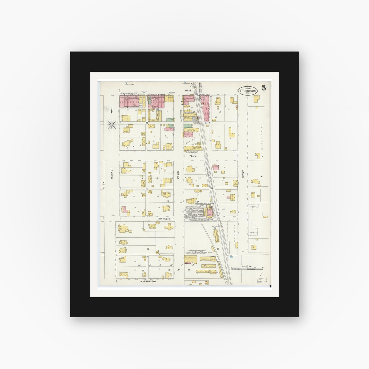 Old map wall art mockup — black gallery frame with white mat — Sanborn Fire Insurance Map from Thorntown, Boone County, Indiana (1898), Sheet #0005