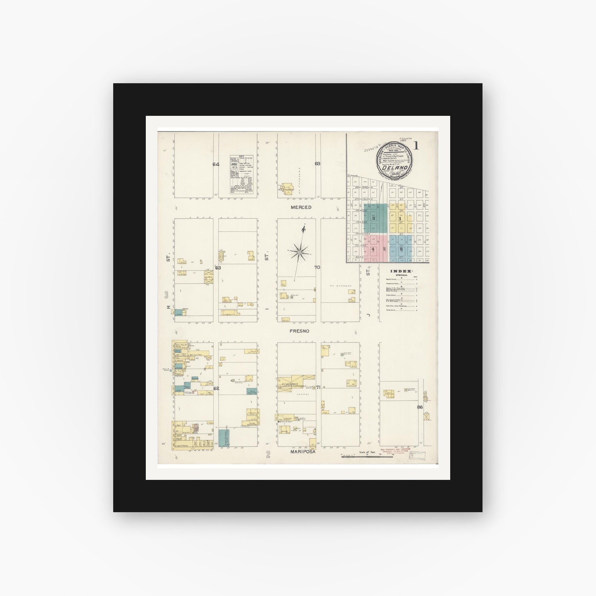 Old map wall art mockup — black gallery frame with white mat — Sanborn Fire Insurance Map from Delano, Kern County, California (1892) - Complete Map Set