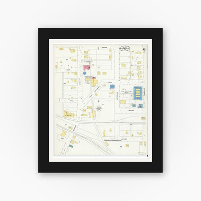 Old map wall art mockup — black gallery frame with white mat — Sanborn Fire Insurance Map from Bloomfield, Greene County, Indiana (1907), Sheet #0006