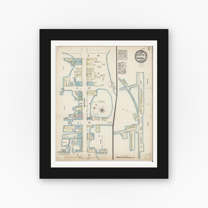 Old map wall art mockup — black gallery frame with white mat — Sanborn Fire Insurance Map from Cedar Key, Levy County, Florida (1884), Sheet #0001