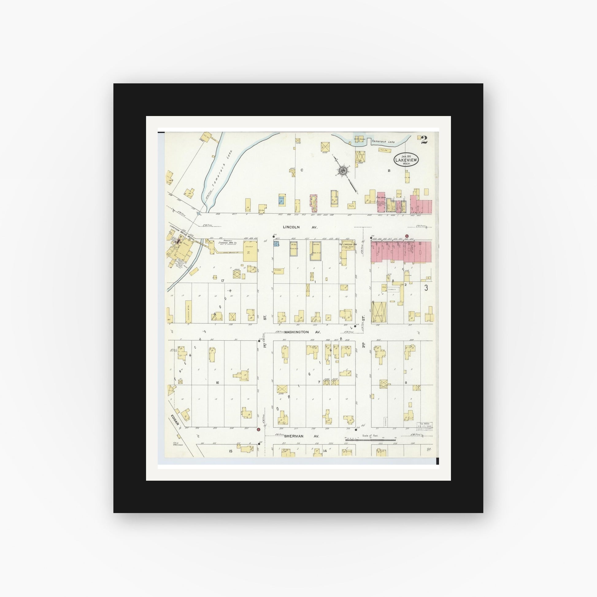 Old map wall art mockup — black gallery frame with white mat — Sanborn Fire Insurance Map from Lakeview, Montcalm County, Michigan (1911), Sheet #0002