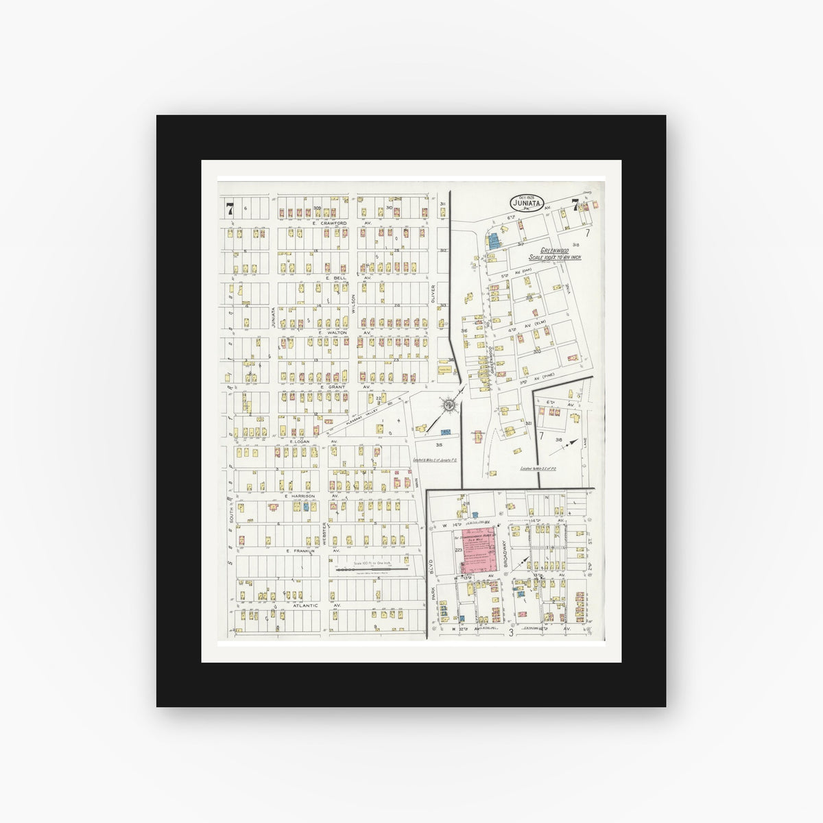 Old map wall art mockup — black gallery frame with white mat — Sanborn Fire Insurance Map from Juniata, Blair County, Pennsylvania (1925), Sheet #0007