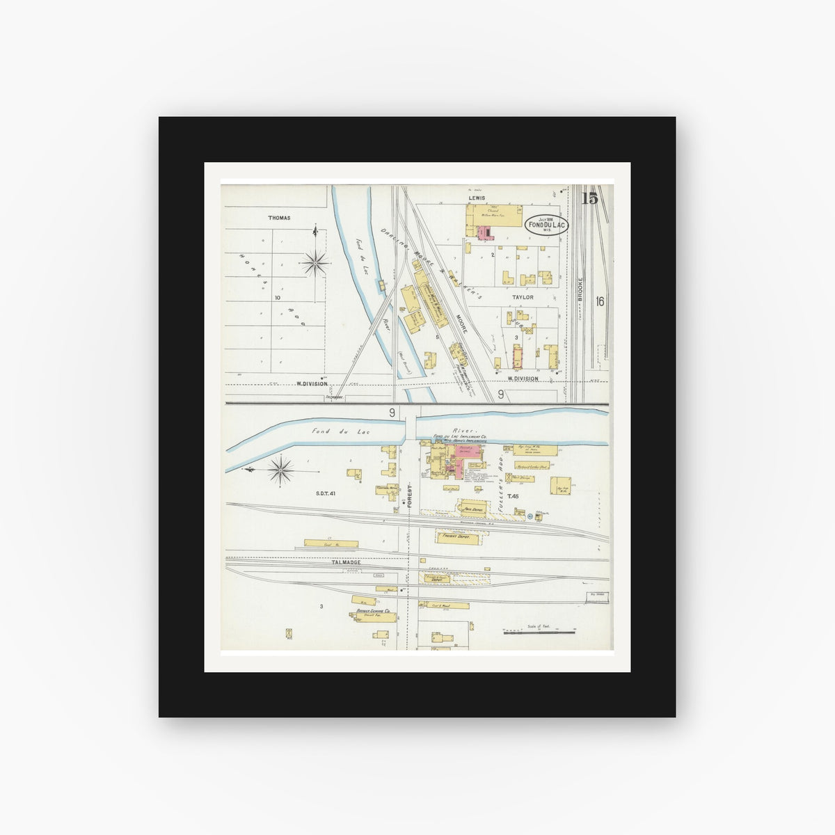 Old map wall art mockup — black gallery frame with white mat — Sanborn Fire Insurance Map from Fond du Lac, Fond du Lac County, Wisconsin (1898), Sheet #0015