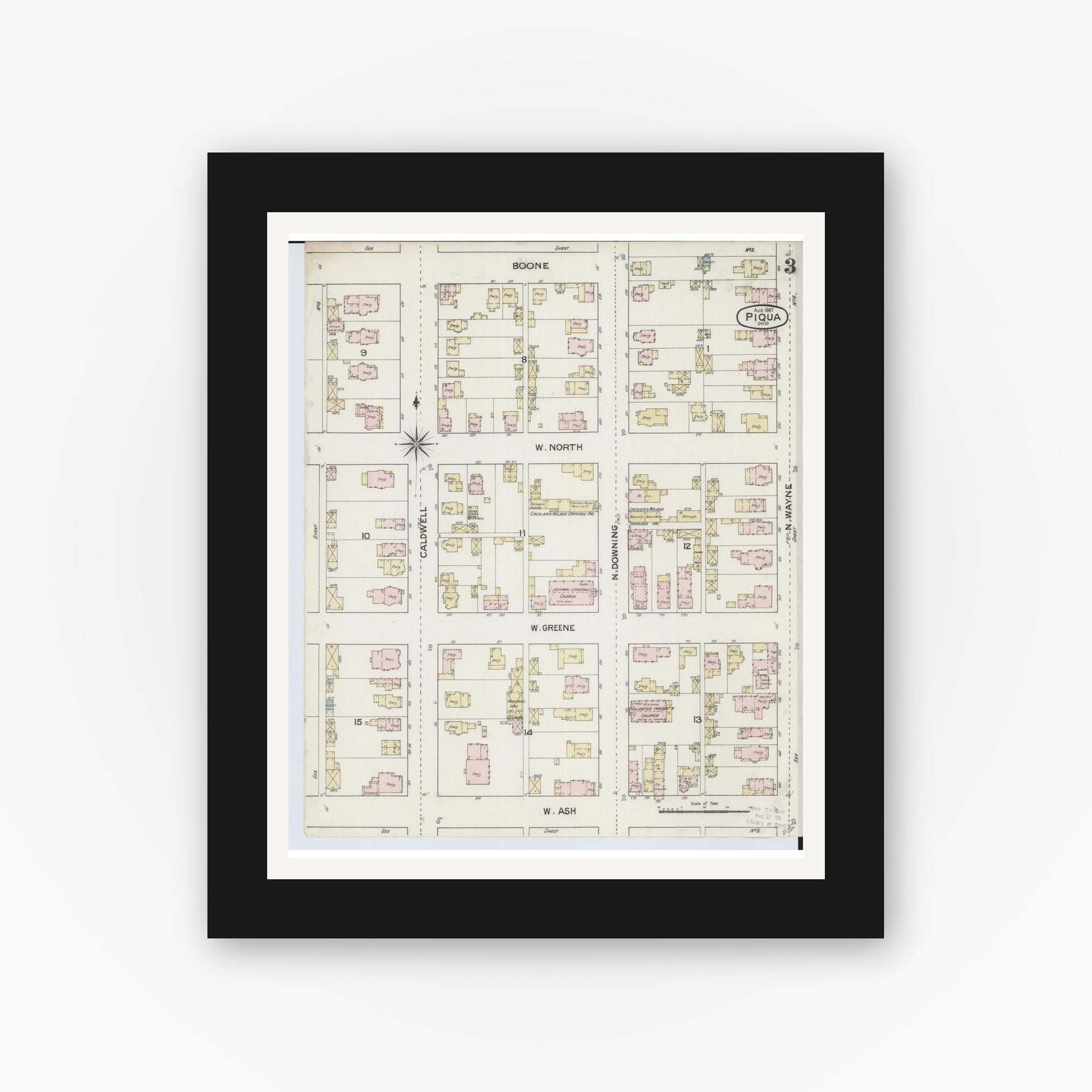 Old map wall art mockup — black gallery frame with white mat — Sanborn Fire Insurance Map from Piqua, Miami County, Ohio (1887), Sheet #0003