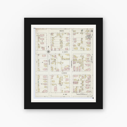 Old map wall art mockup — black gallery frame with white mat — Sanborn Fire Insurance Map from Piqua, Miami County, Ohio (1887), Sheet #0003