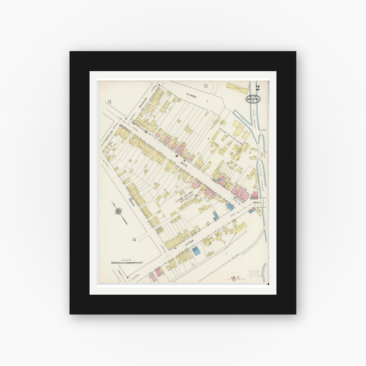 Old map wall art mockup — black gallery frame with white mat — Sanborn Fire Insurance Map from Bristol, Bucks County, Pennsylvania (1915), Sheet #0002