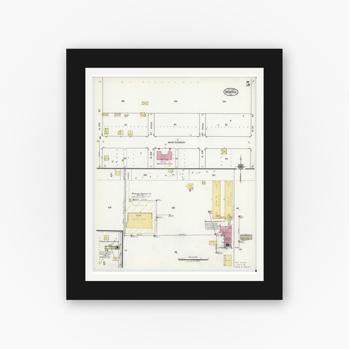 Old map wall art mockup — black gallery frame with white mat — Sanborn Fire Insurance Map from Memphis, Hall County, Texas (1920), Sheet #0005