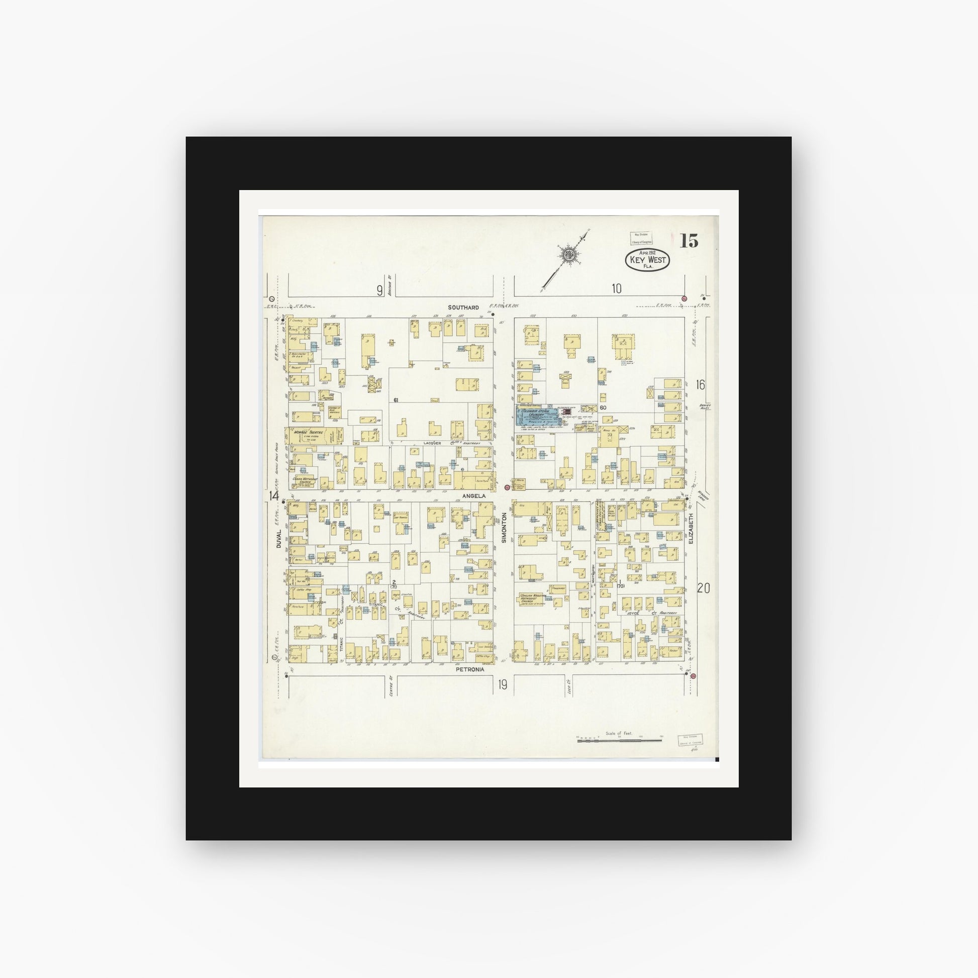Old map wall art mockup — black gallery frame with white mat — Sanborn Fire Insurance Map from Key West, Monroe County, Florida (1912), Sheet #0015