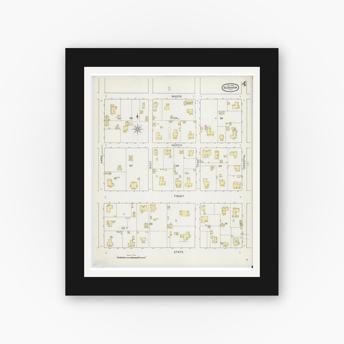Old map wall art mockup — black gallery frame with white mat — Sanborn Fire Insurance Map from Bonham, Fannin County, Texas (1892), Sheet #0004