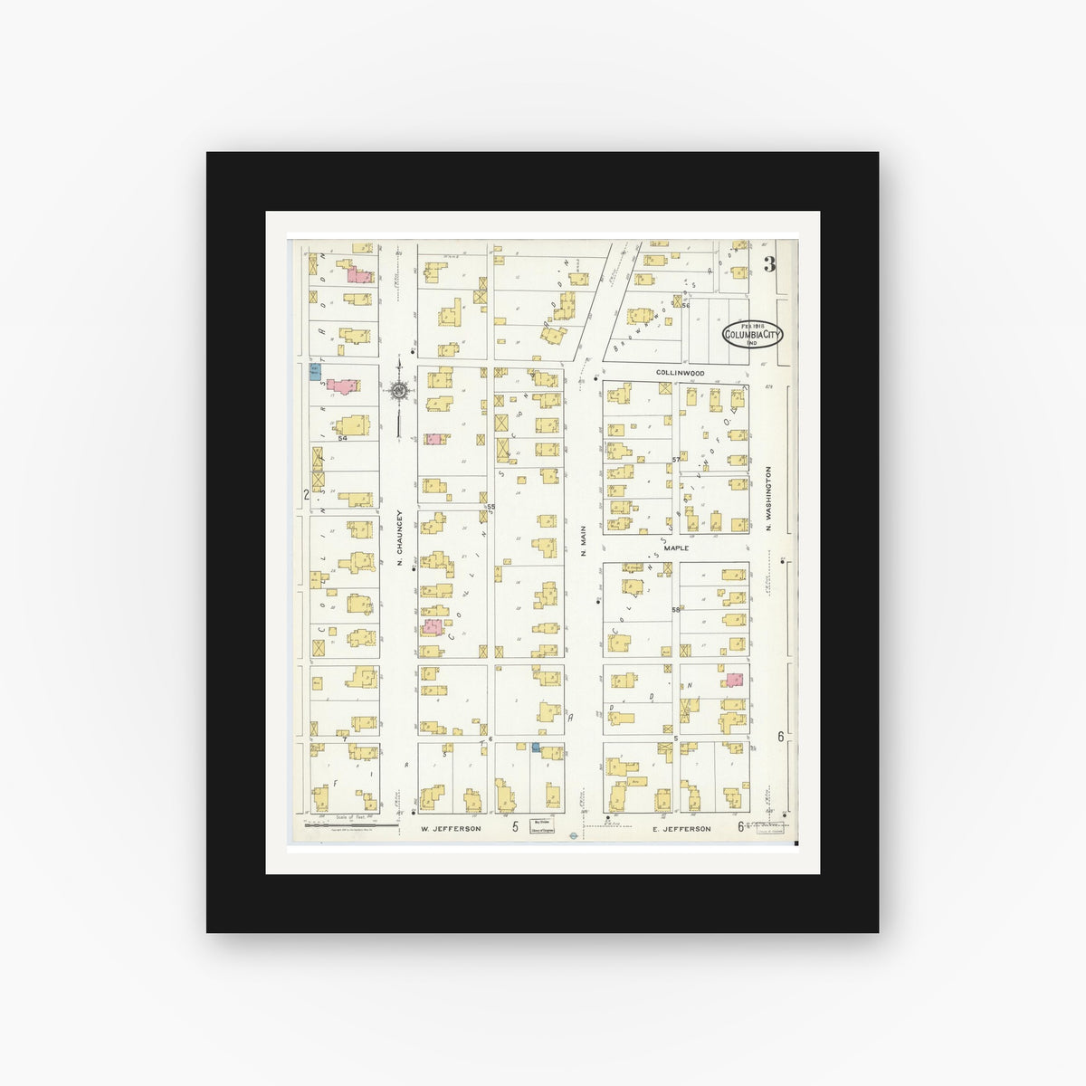 Old map wall art mockup — black gallery frame with white mat — Sanborn Fire Insurance Map from Columbia City, Whitley County, Indiana (1918), Sheet #0003