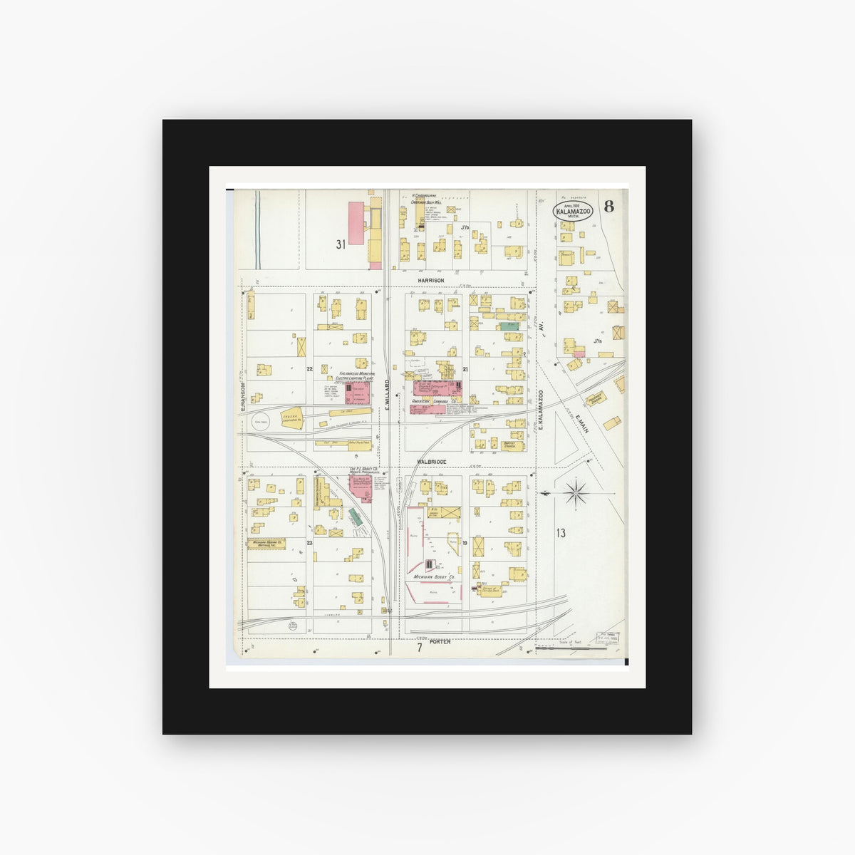 Old map wall art mockup — black gallery frame with white mat — Sanborn Fire Insurance Map from Kalamazoo, Kalamazoo County, Michigan (1902), Sheet #0008