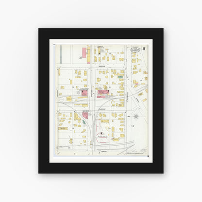 Old map wall art mockup — black gallery frame with white mat — Sanborn Fire Insurance Map from Kalamazoo, Kalamazoo County, Michigan (1902), Sheet #0008