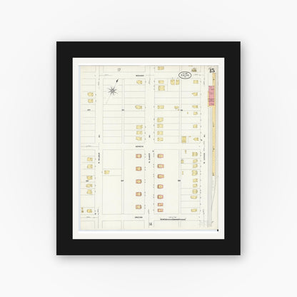Old map wall art mockup — black gallery frame with white mat — Sanborn Fire Insurance Map from Sayre, Bradford County, Pennsylvania (1909), Sheet #0015