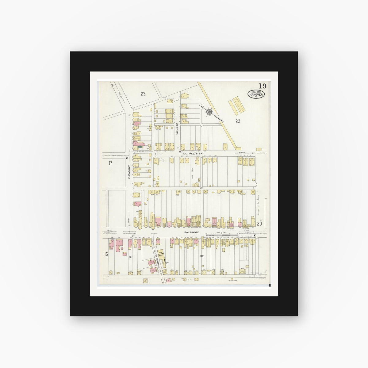 Old map wall art mockup — black gallery frame with white mat — Sanborn Fire Insurance Map from Hanover, York County, Pennsylvania (1909), Sheet #0019