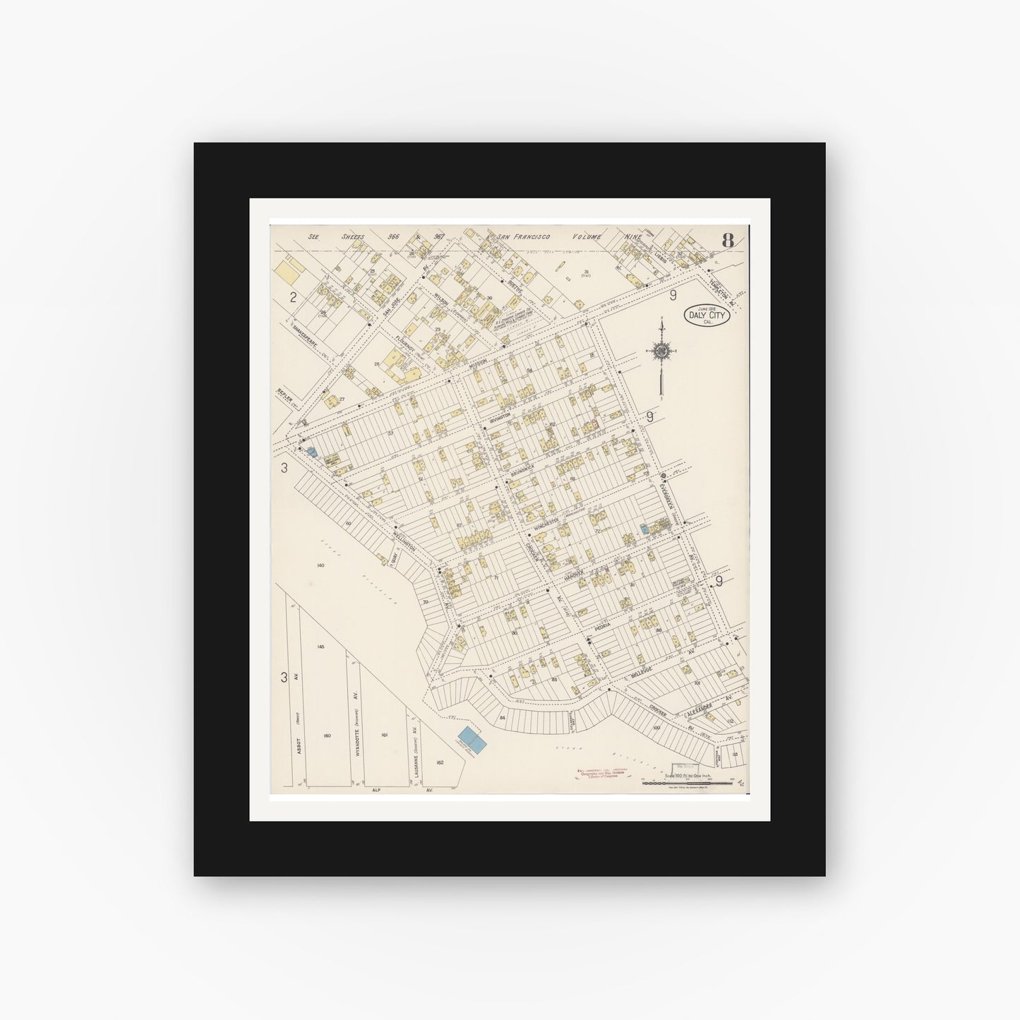 Old map wall art mockup — black gallery frame with white mat — Sanborn Fire Insurance Map from Daly City, San Mateo County, California (1918), Sheet #0008