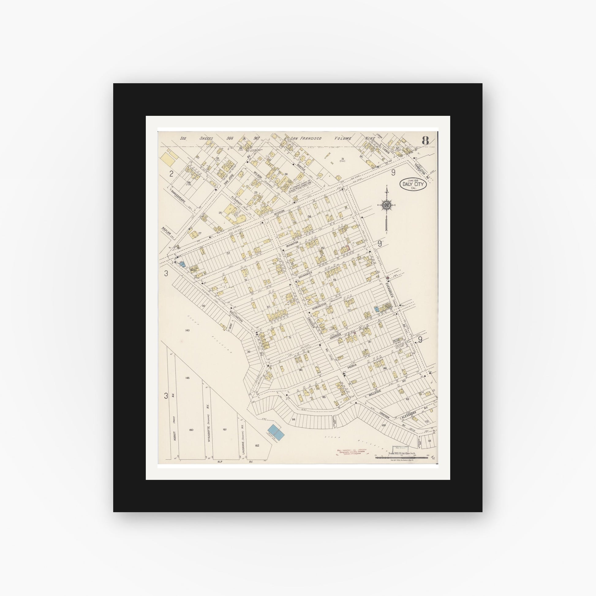Old map wall art mockup — black gallery frame with white mat — Sanborn Fire Insurance Map from Daly City, San Mateo County, California (1918), Sheet #0008