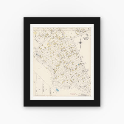 Old map wall art mockup — black gallery frame with white mat — Sanborn Fire Insurance Map from Daly City, San Mateo County, California (1918), Sheet #0008