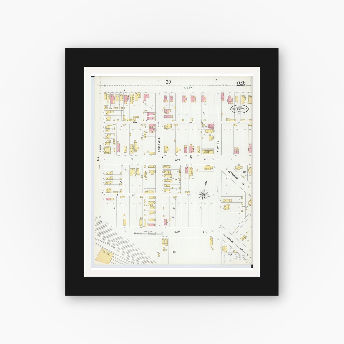 Old map wall art mockup — black gallery frame with white mat — Sanborn Fire Insurance Map from Chillicothe, Ross County, Ohio (1900), Sheet #0022