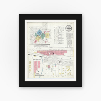 Old map wall art mockup — black gallery frame with white mat — Sanborn Fire Insurance Map from Harvard, McHenry County, Illinois (1912), Sheet #0001