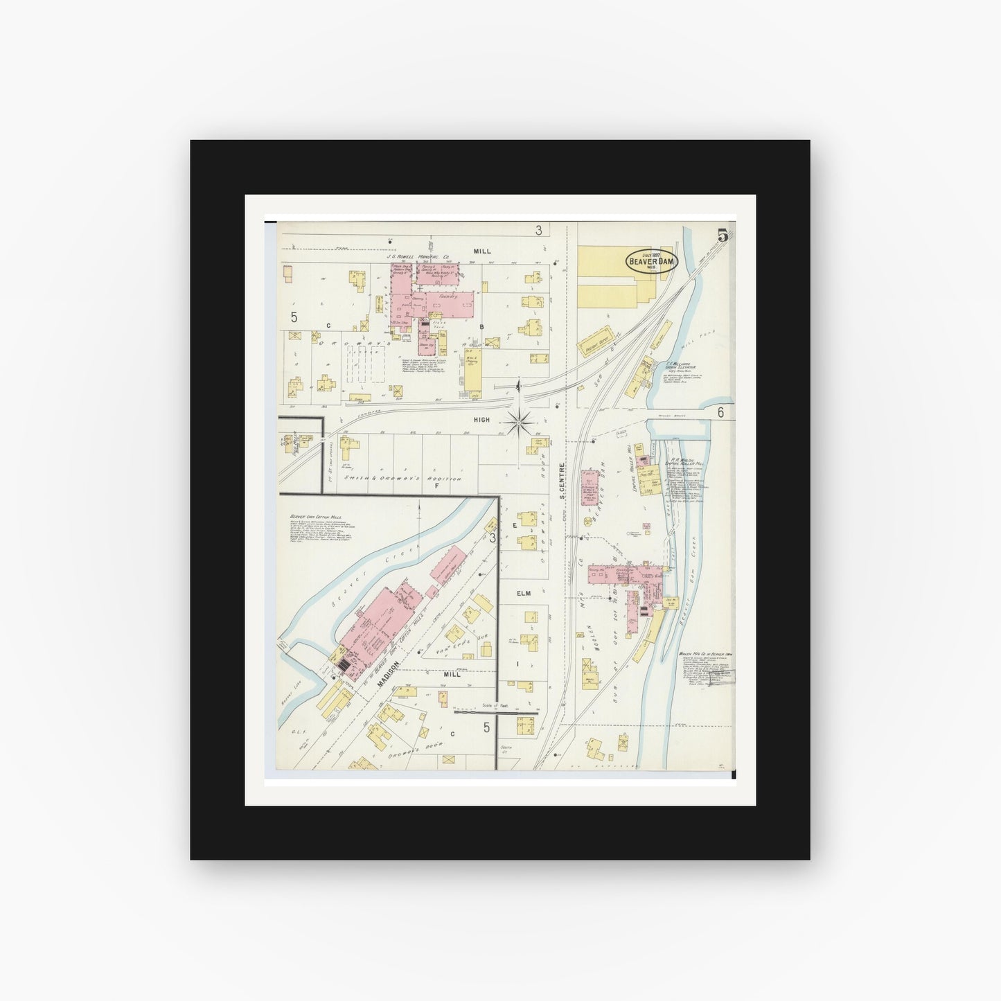 Old map wall art mockup — black gallery frame with white mat — Sanborn Fire Insurance Map from Beaver Dam, Dodge County, Wisconsin (1897), Sheet #0005