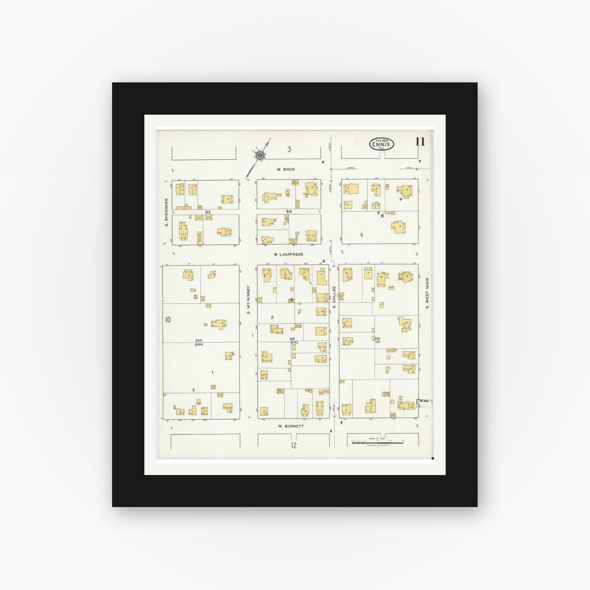 Old map wall art mockup — black gallery frame with white mat — Sanborn Fire Insurance Map from Ennis, Ellis County, Texas (1920), Sheet #0011
