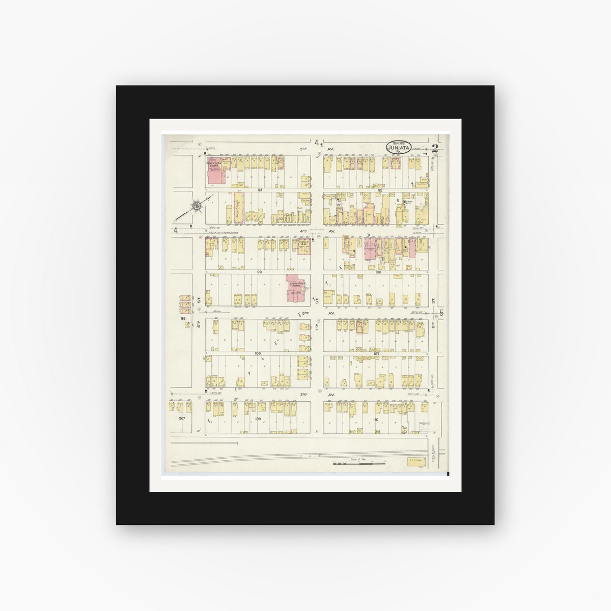 Old map wall art mockup — black gallery frame with white mat — Sanborn Fire Insurance Map from Juniata, Blair County, Pennsylvania (1915), Sheet #0002
