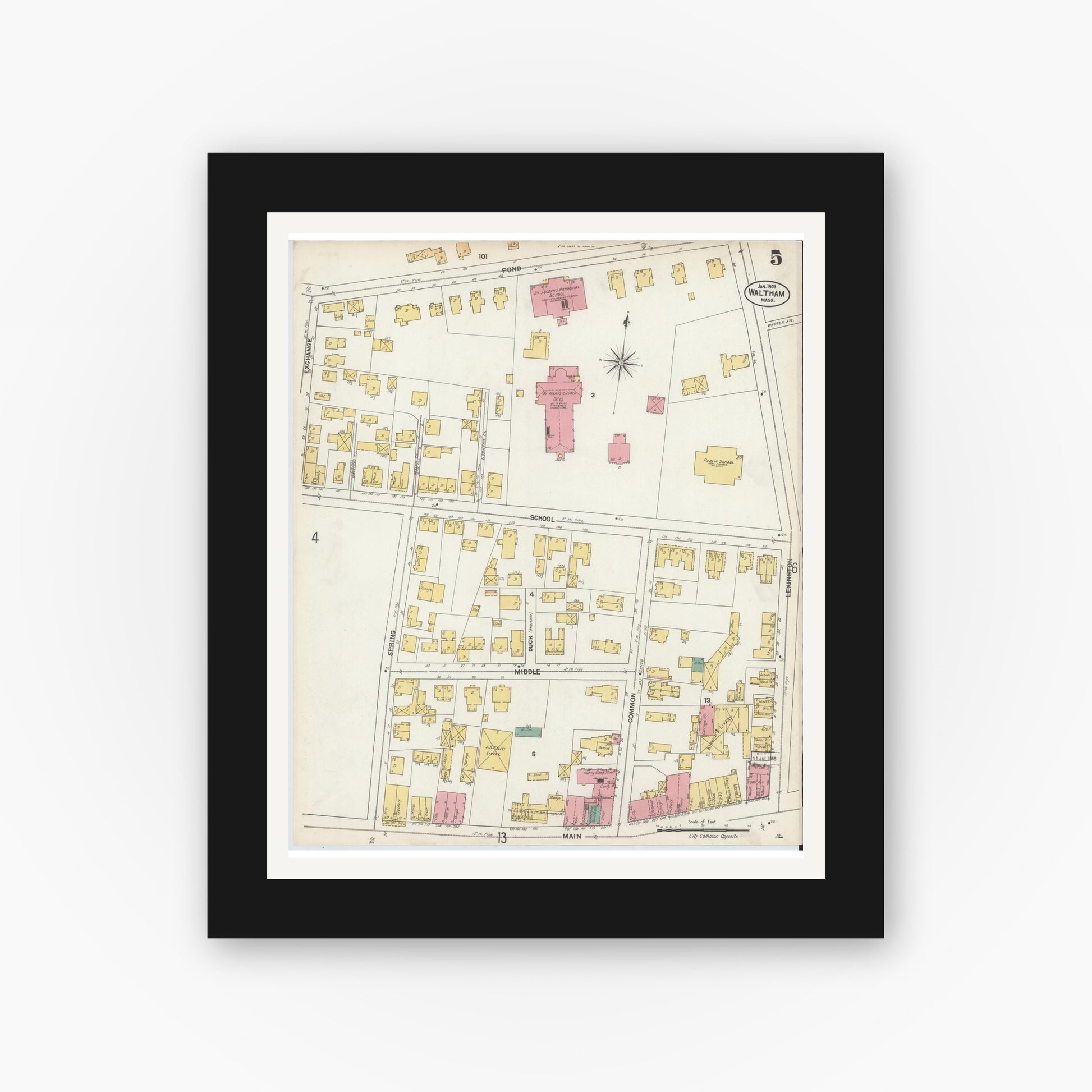 Old map wall art mockup — black gallery frame with white mat — Sanborn Fire Insurance Map from Waltham, Middlesex County, Massachusetts (1903), Sheet #0005
