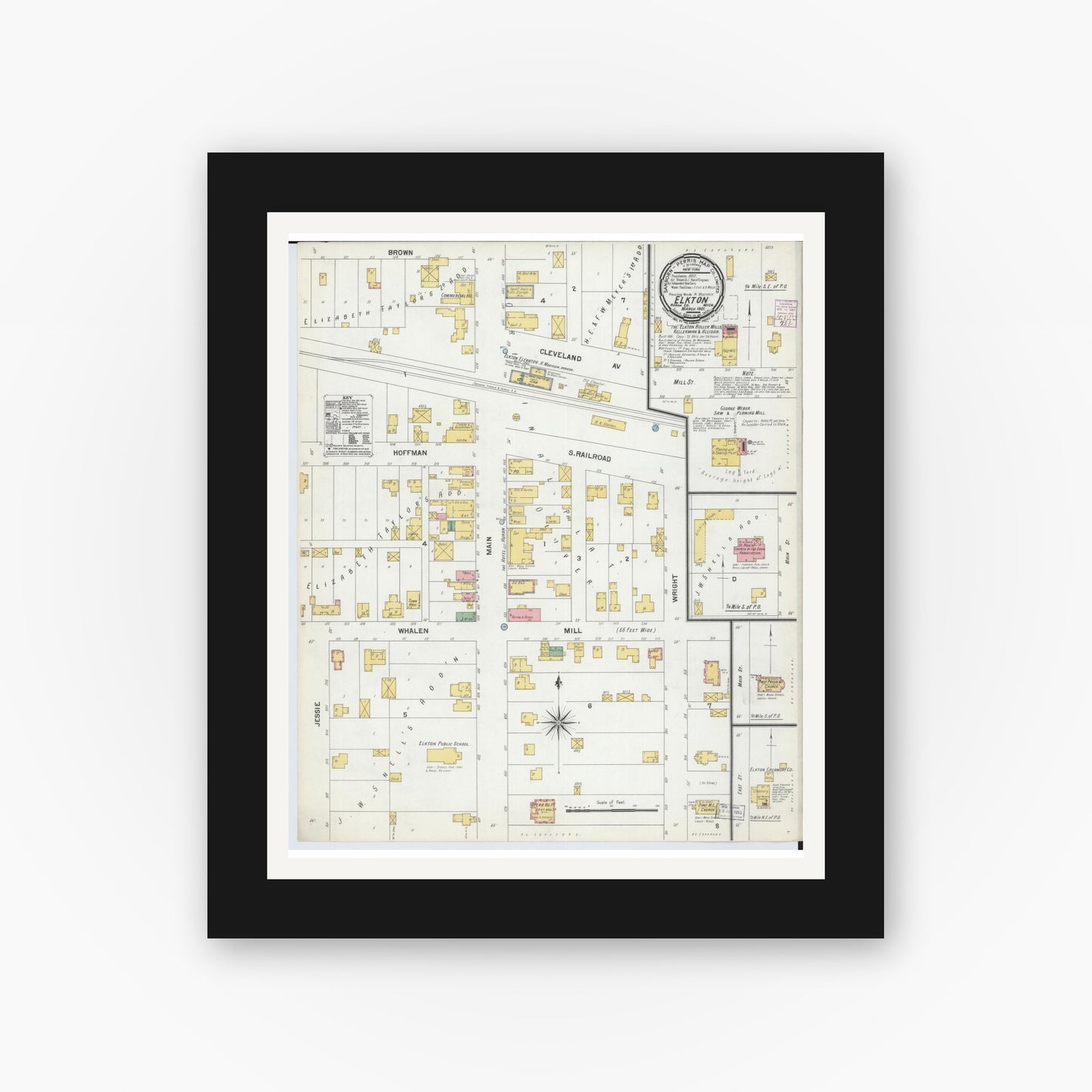 Old map wall art mockup — black gallery frame with white mat — Sanborn Fire Insurance Map from Elkton, Huron County, Michigan (1901), Sheet #0001