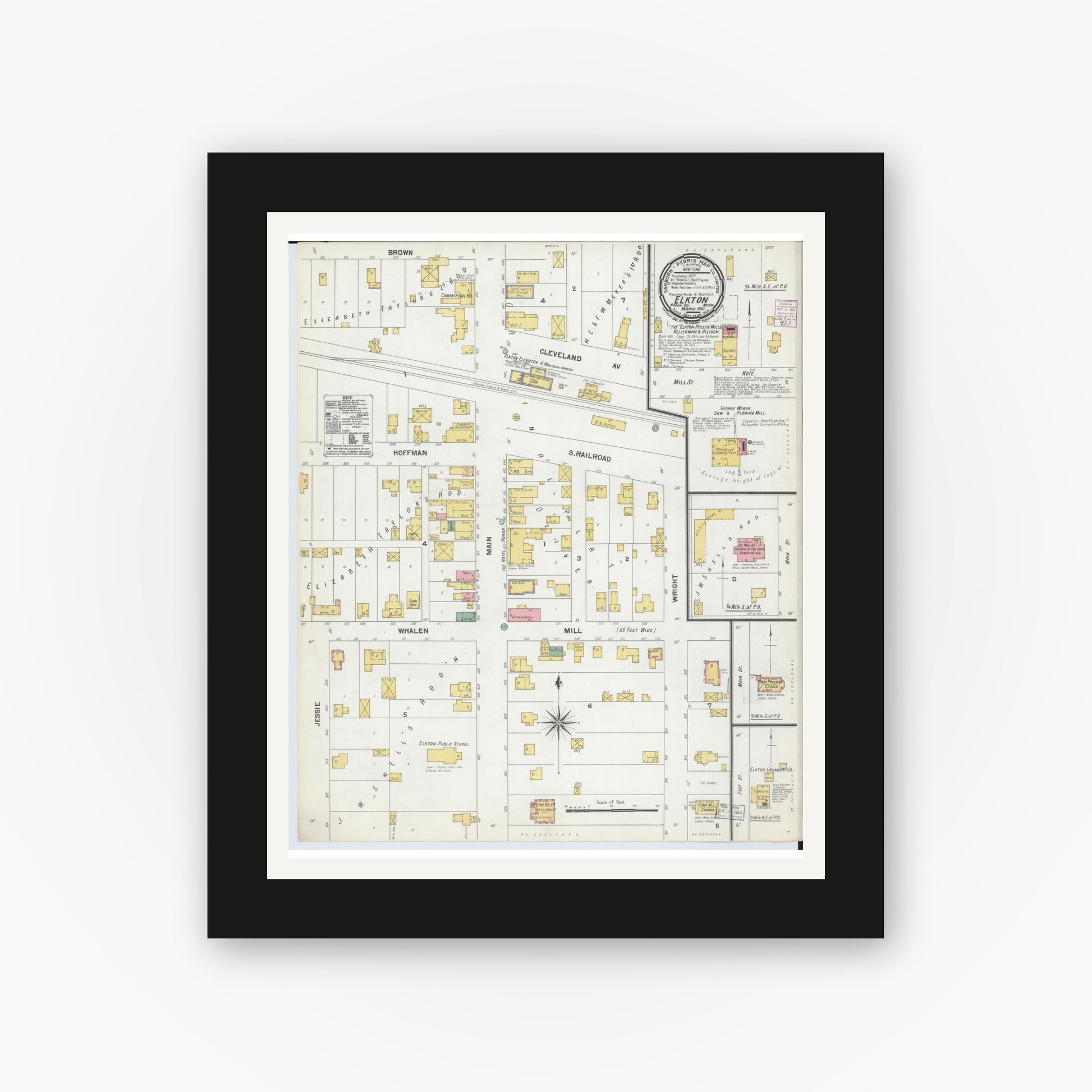 Old map wall art mockup — black gallery frame with white mat — Sanborn Fire Insurance Map from Elkton, Huron County, Michigan (1901), Sheet #0001