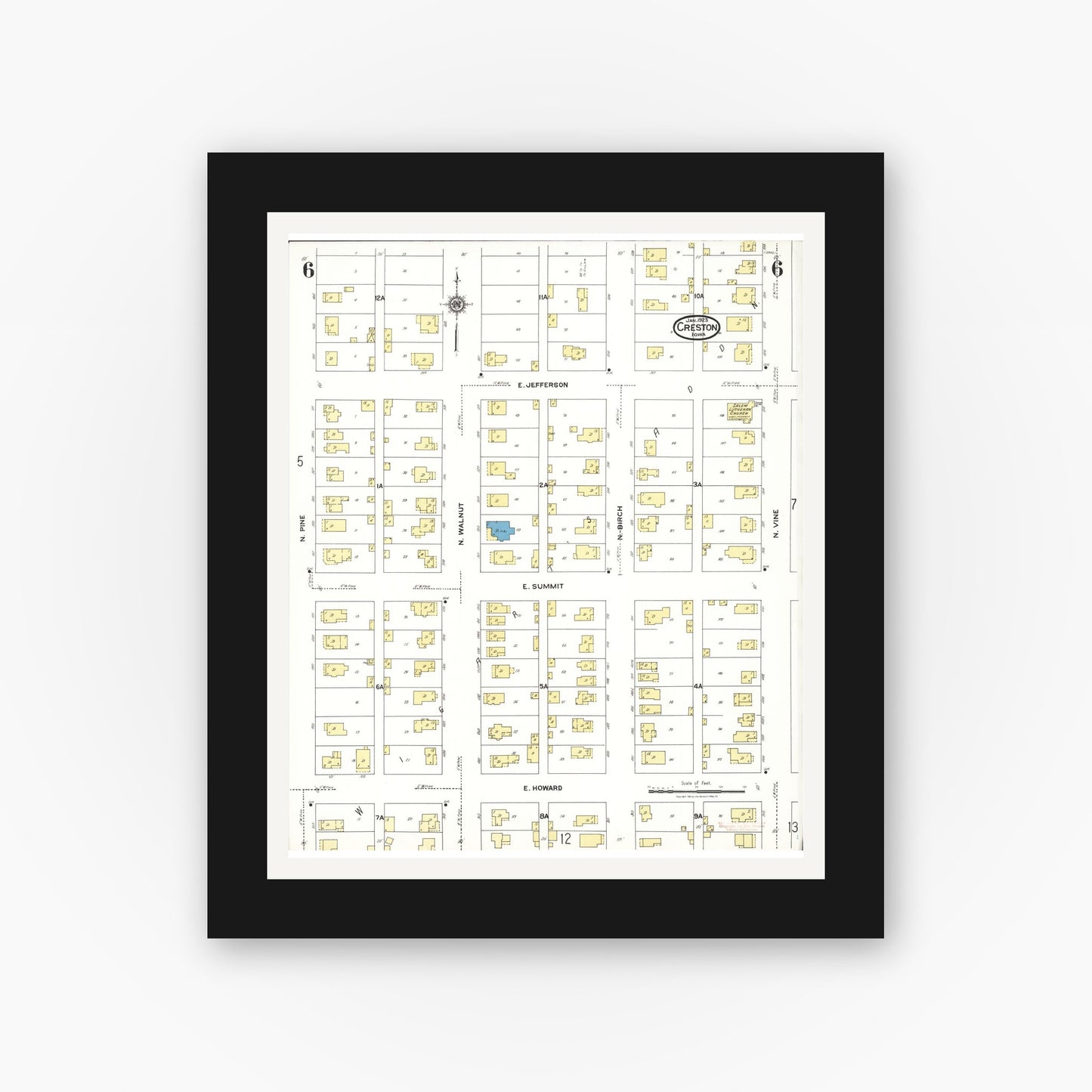 Old map wall art mockup — black gallery frame with white mat — Sanborn Fire Insurance Map from Creston, Union County, Iowa (1923), Sheet #0006