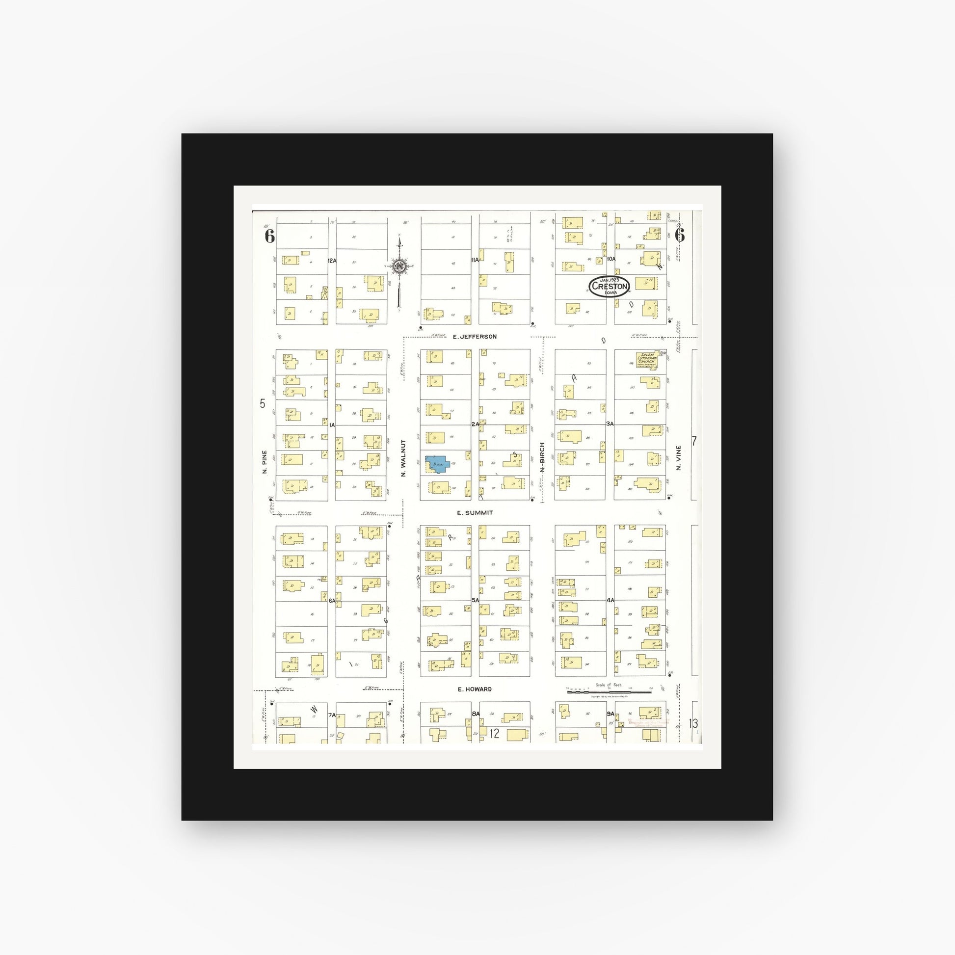 Old map wall art mockup — black gallery frame with white mat — Sanborn Fire Insurance Map from Creston, Union County, Iowa (1923), Sheet #0006