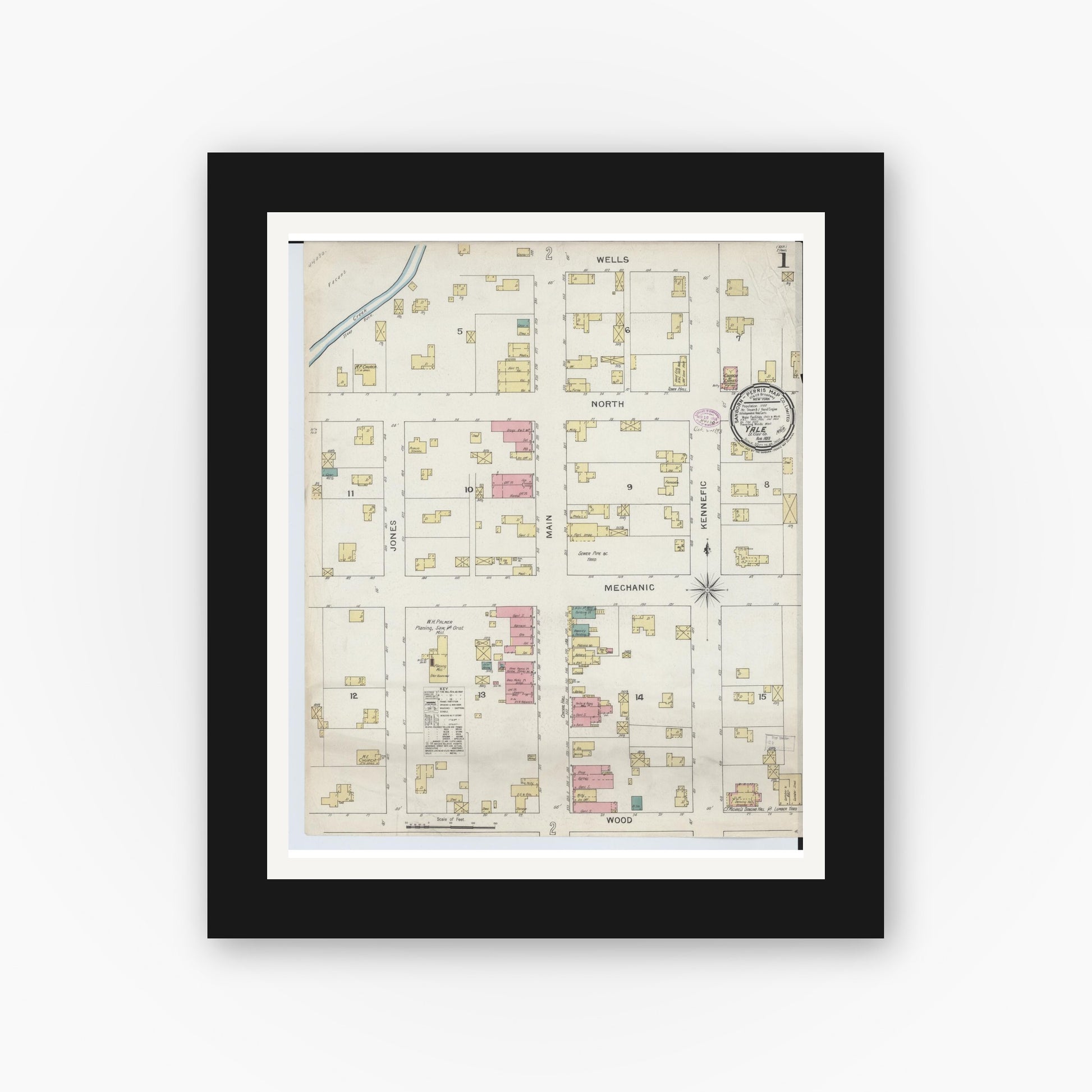 Old map wall art mockup — black gallery frame with white mat — Sanborn Fire Insurance Map from Yale, Saint Clair County, Michigan (1893) - Complete Map Set