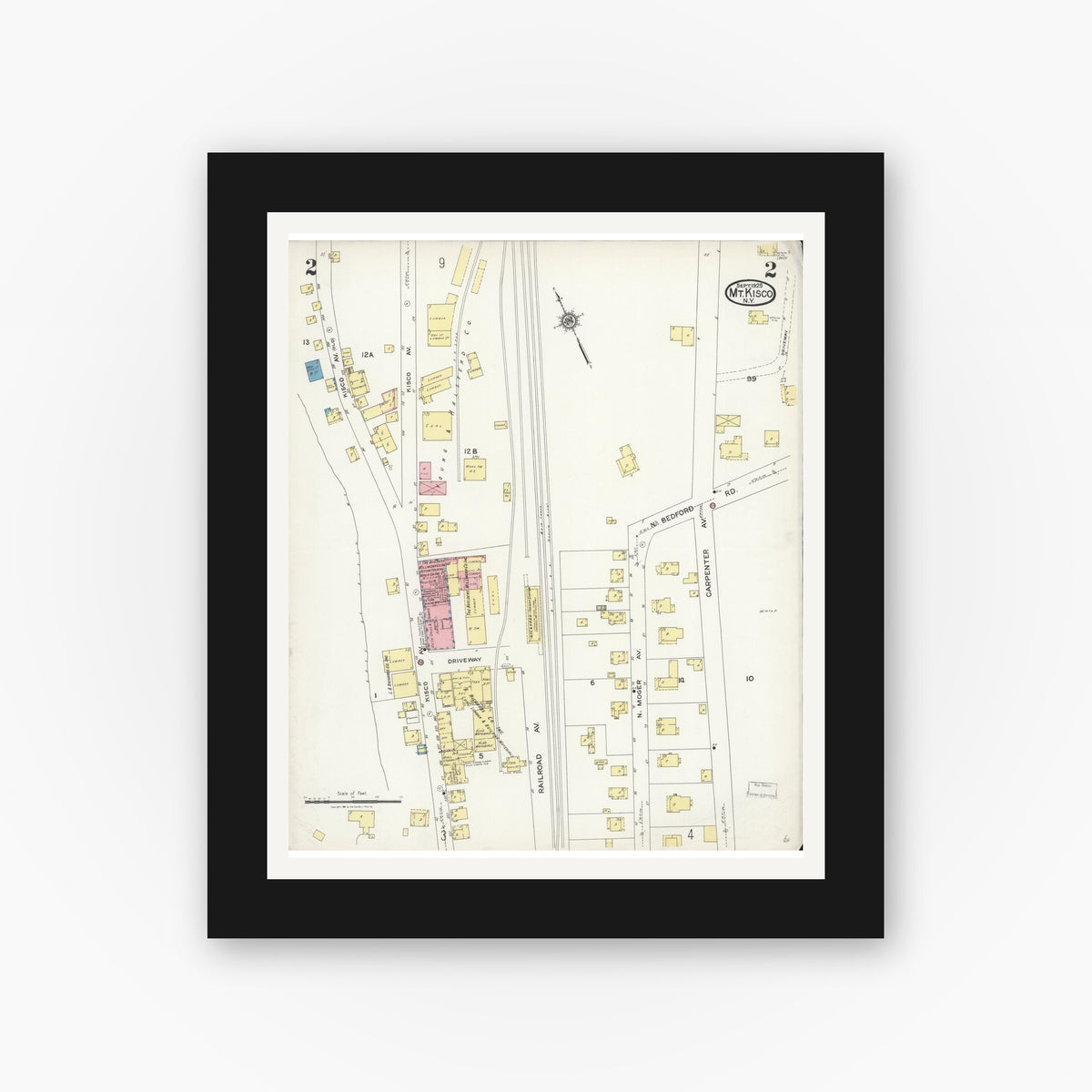 Old map wall art mockup — black gallery frame with white mat — Sanborn Fire Insurance Map from Mount Kisco, Westchester County, New York (1925), Sheet #0002