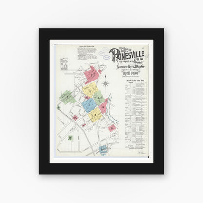 Old map wall art mockup — black gallery frame with white mat — Sanborn Fire Insurance Map from Painesville, Lake County, Ohio (1898), Sheet #0001