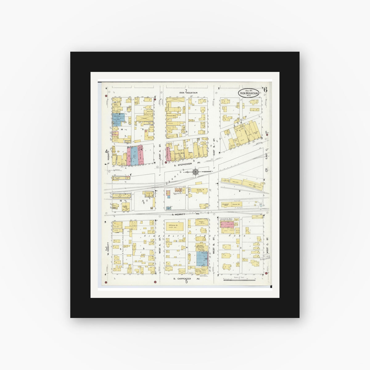 Old map wall art mockup — black gallery frame with white mat — Sanborn Fire Insurance Map from Iron Mountain, Dickinson County, Michigan (1911), Sheet #0006