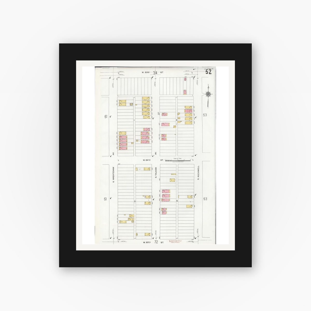 Old map wall art mockup — black gallery frame with white mat — Sanborn Fire Insurance Map from Chicago, Cook County, Illinois (1920), Sheet #0052