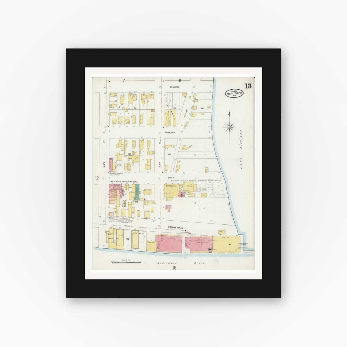 Old map wall art mockup — black gallery frame with white mat — Sanborn Fire Insurance Map from Manitowoc, Manitowoc County, Wisconsin (1906), Sheet #0013