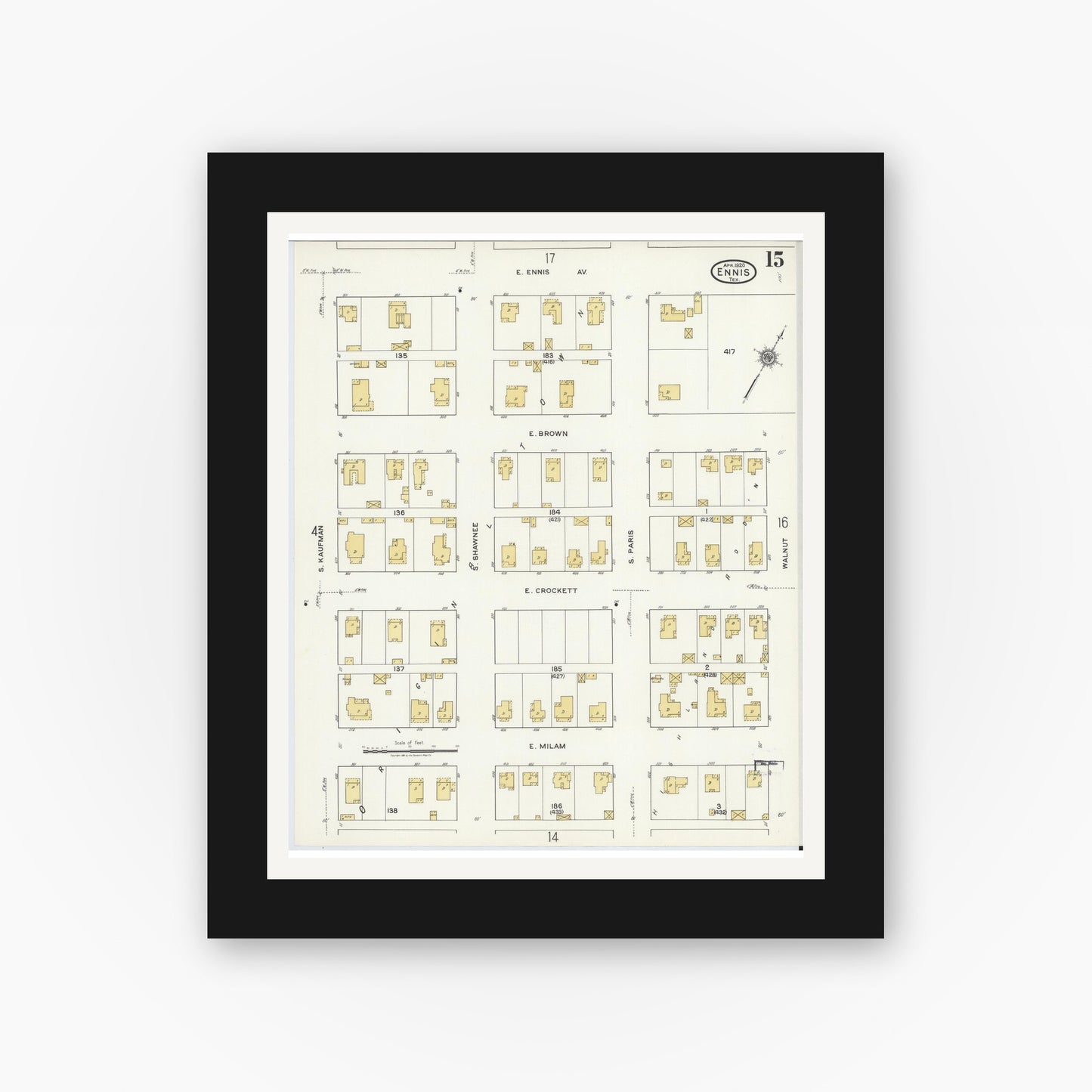 Old map wall art mockup — black gallery frame with white mat — Sanborn Fire Insurance Map from Ennis, Ellis County, Texas (1920), Sheet #0015