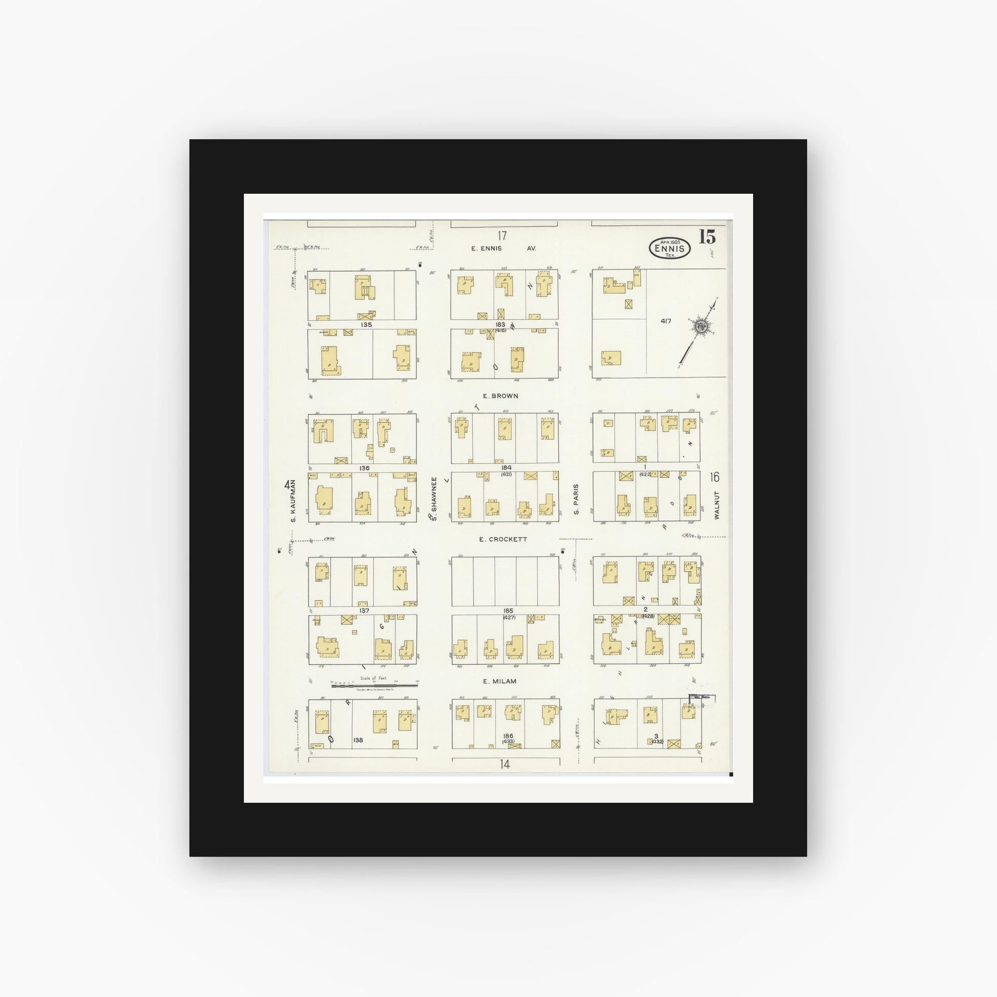 Old map wall art mockup — black gallery frame with white mat — Sanborn Fire Insurance Map from Ennis, Ellis County, Texas (1920), Sheet #0015