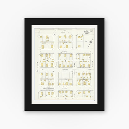 Old map wall art mockup — black gallery frame with white mat — Sanborn Fire Insurance Map from Ennis, Ellis County, Texas (1920), Sheet #0015