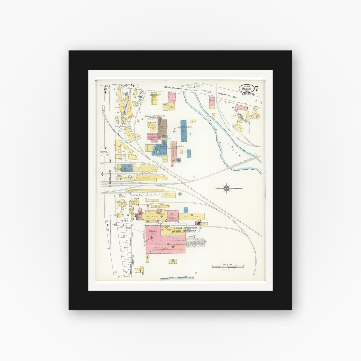 Old map wall art mockup — black gallery frame with white mat — Sanborn Fire Insurance Map from Beloit, Rock County, Wisconsin (1926), Sheet #0007