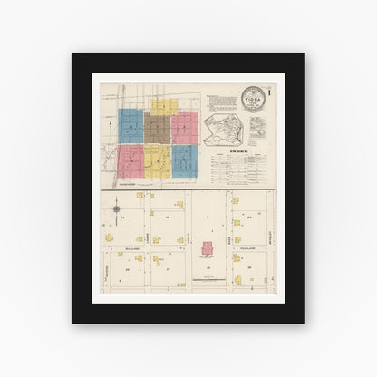 Old map wall art mockup — black gallery frame with white mat — Sanborn Fire Insurance Map from Tioga, Grayton County, Texas (1922), Sheet #0001