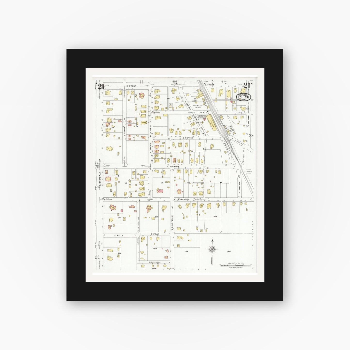 Old map wall art mockup — black gallery frame with white mat — Sanborn Fire Insurance Map from Tyler, Smith County, Texas (1928), Sheet #0021