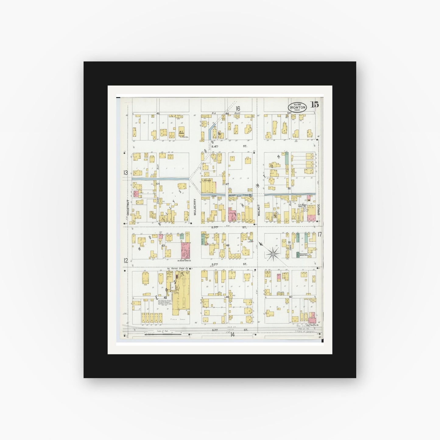 Old map wall art mockup — black gallery frame with white mat — Sanborn Fire Insurance Map from Ironton, Lawrence County, Ohio (1900), Sheet #0015
