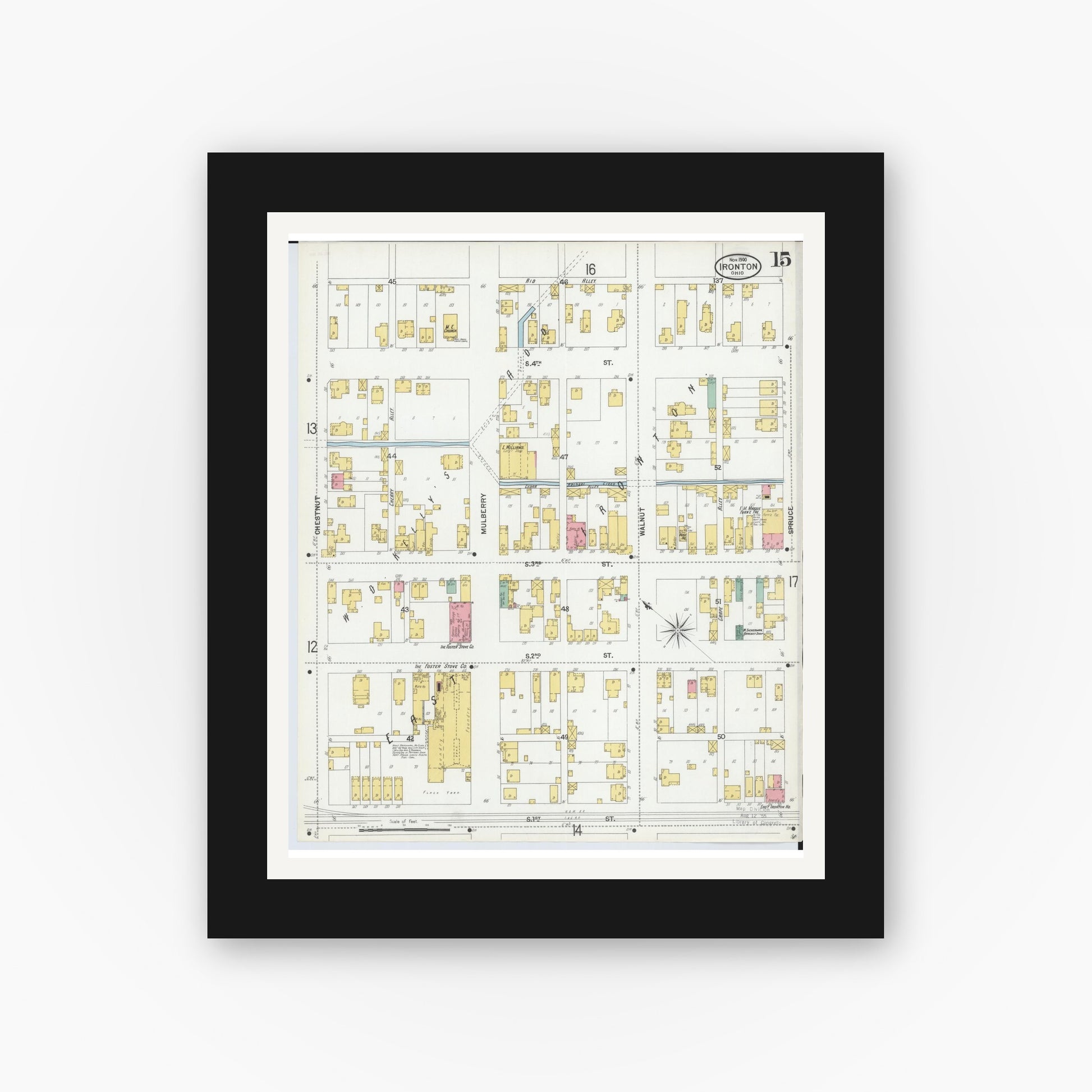 Old map wall art mockup — black gallery frame with white mat — Sanborn Fire Insurance Map from Ironton, Lawrence County, Ohio (1900), Sheet #0015