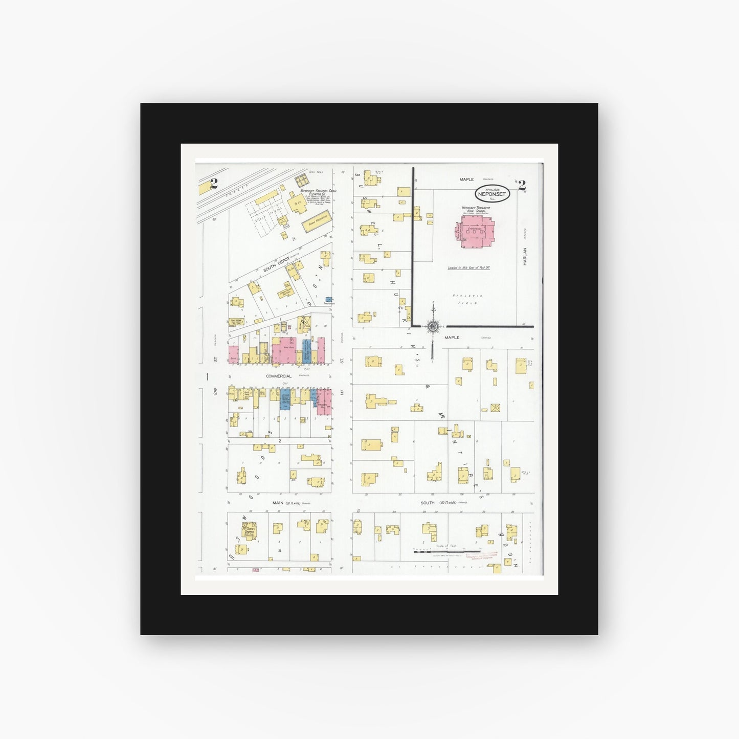 Old map wall art mockup — black gallery frame with white mat — Sanborn Fire Insurance Map from Neponset, Bureau County, Illinois (1928), Sheet #0002