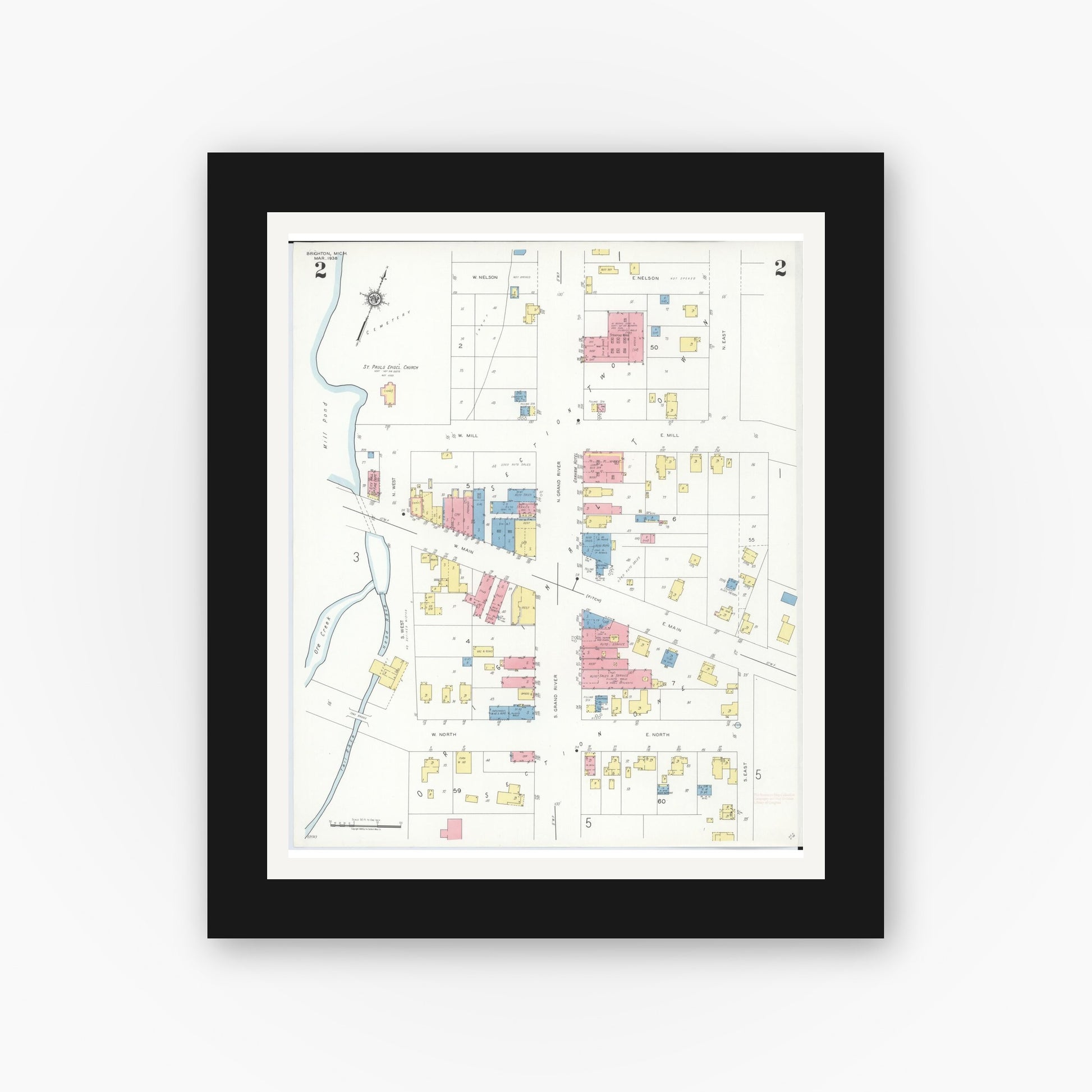 Old map wall art mockup — black gallery frame with white mat — Sanborn Fire Insurance Map from Brighton, Livington County, Michigan (1938), Sheet #0002