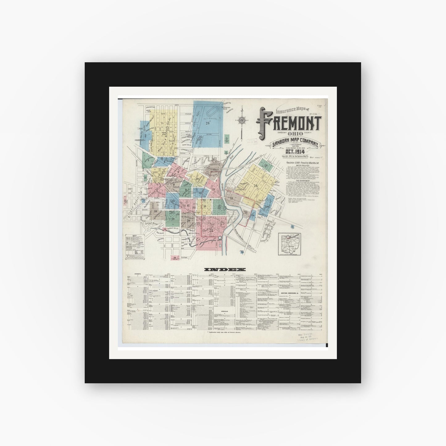 Old map wall art mockup — black gallery frame with white mat — Sanborn Fire Insurance Map from Fremont, Sandusky County, Ohio (1914), Sheet #0001